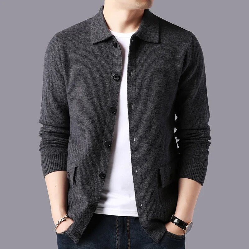 maoxiangshop High Quality Cardigan Men Knitting Sweaterscoat Autumn Winter Casual Sweater Jackets Solid Turn Down Collar Knitted Cardigan Man