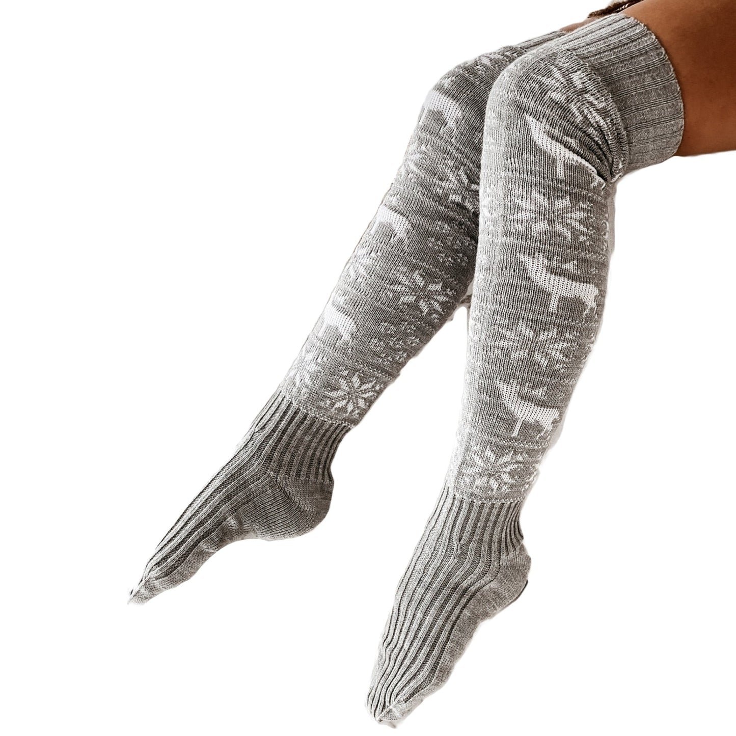 maoxiangshop Christmas Women Knitted Cotton Woolen Stocking Warm Thigh High Over the Knee Cute Deer Printing Socks Twist Cable Crochet