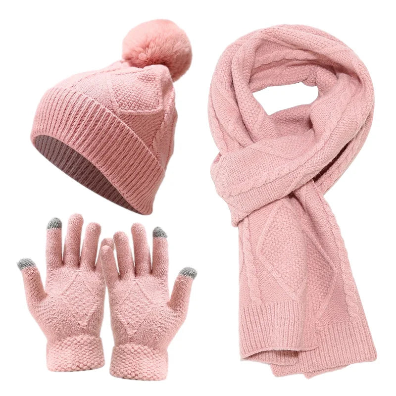 maoxiangshop - 3 PCS Hat Glove Scarf Sets Winter Warm Knitted Touch Screen Gloves Woolen Plush Pom Pom Beanies Thickened Coldproof Scarves Suit