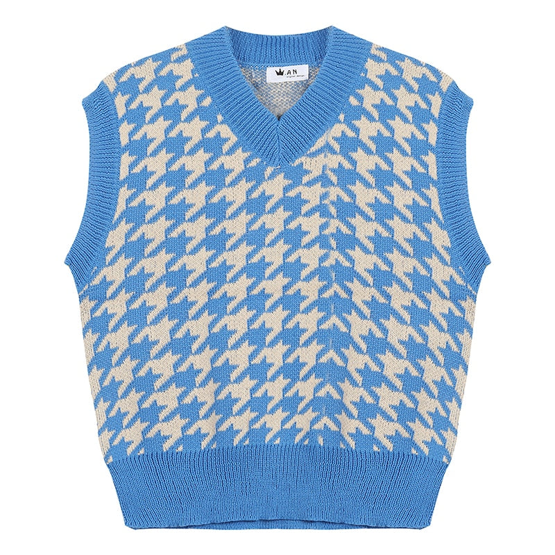 Y2K Houndstooth Vest Pullover Women's Knitted Vest New Autumn and Winter Loose Korean Outdoor Sweater Waistcoat