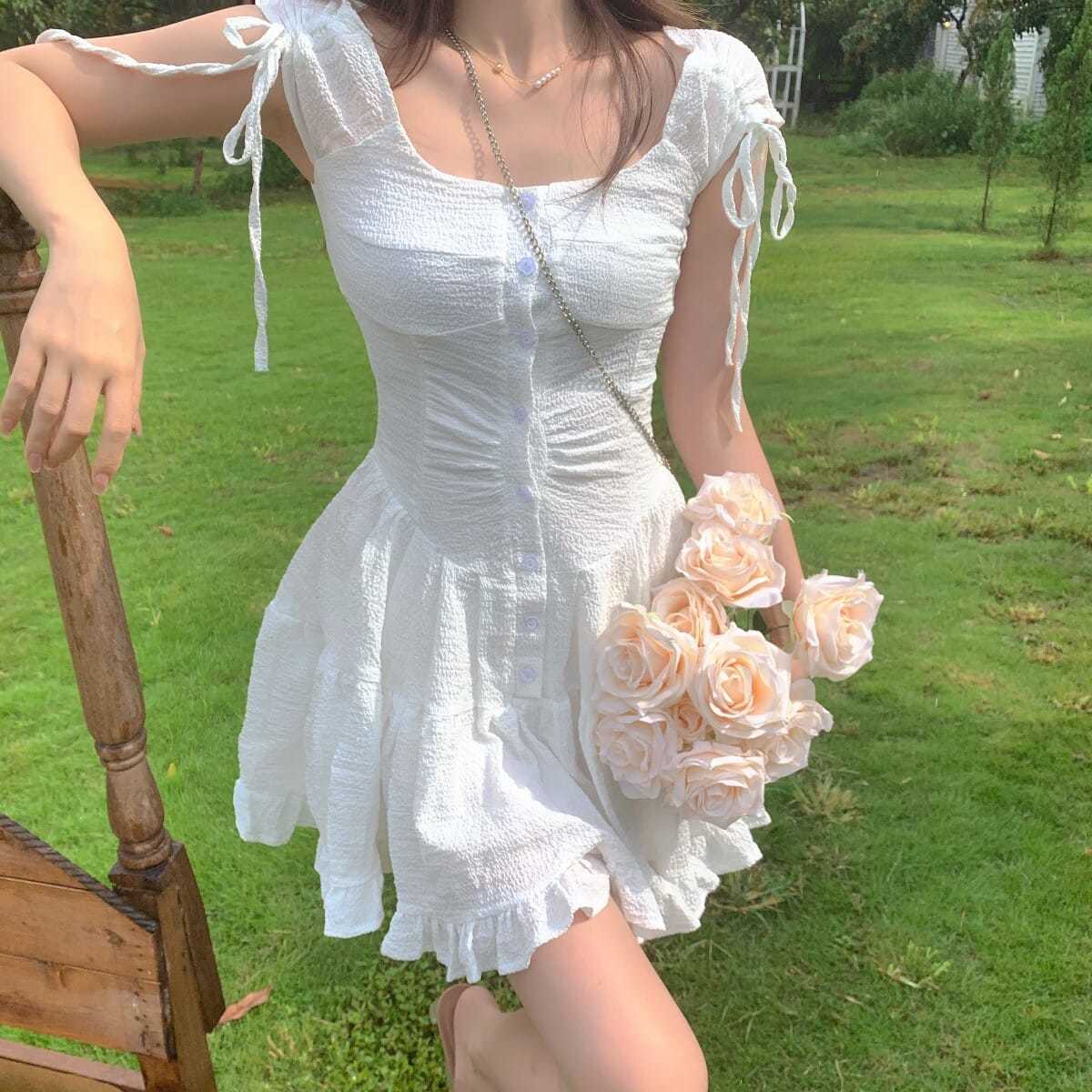 maoxiangshop Japanese Kawaii Princess Dress Women Pink Fairy Ruffles Party Mini Dress Female Summer Korean Puff Sleeve Slim Sweet Dress