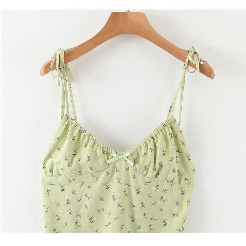 maoxiangshop New Casual Chic Floral Print Sling Mini Dress Women Holiday Bow V-neck Dress Summer Sexy Backless Ladies Dresses