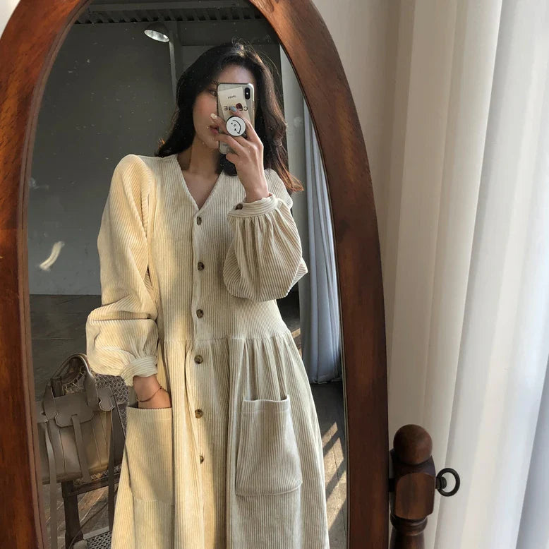 maoxiangshop Women Autumn Winter Vintage Long Dress Elegant Full Sleeve Single Breasted Tunic Casual Corduroy Dress with Pocket Vestidos