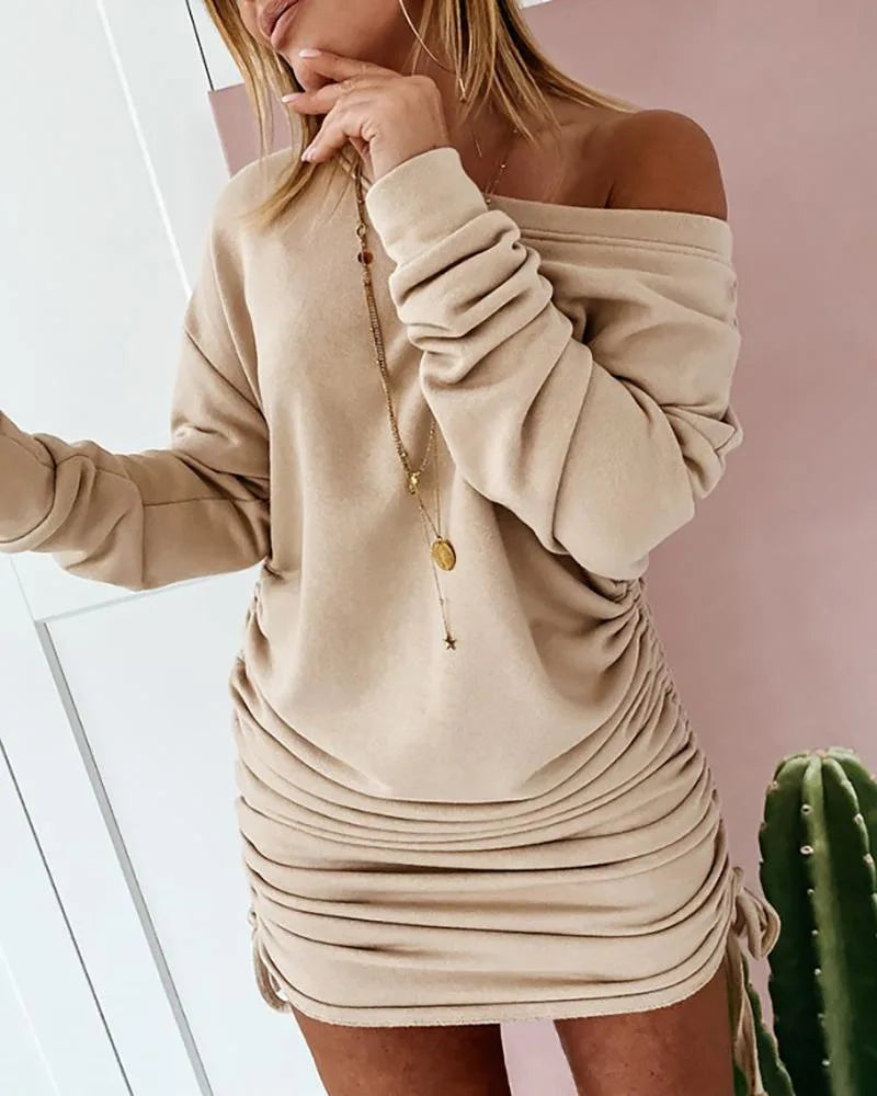 maoxiangshop New Dresses Women Mini Dress Ladies Casual Women's Dress Sexy Drawstring Pleated Long Sleeve Party Dress Sukienka