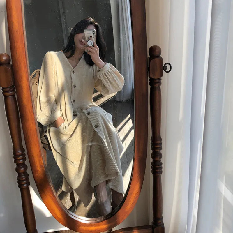 maoxiangshop Women Autumn Winter Vintage Long Dress Elegant Full Sleeve Single Breasted Tunic Casual Corduroy Dress with Pocket Vestidos
