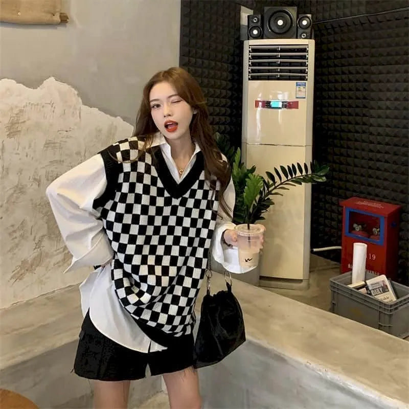 2023 Spring Autumn V-neck Sleeveless Sweater For Women Vest Vintage Tops Harajuku Japanese Fashion 90s Clothes Oversize Plaid