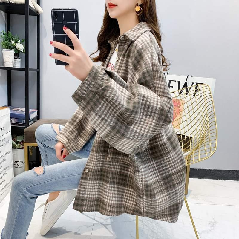 maoxiangshop Female Autumn Street Blouse Shirts Vintage Oversized Plaid Flannel Boyfriend Tunic Shirt for Women Casual Korean Tops