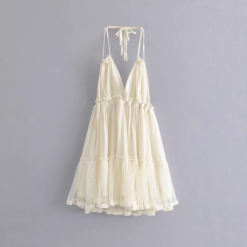 maoxiangshop Summer New Solid Color Lace Stitching V Neck Sexy Backless Mesh Short Dress Camisole Holiday Beach Dress Female