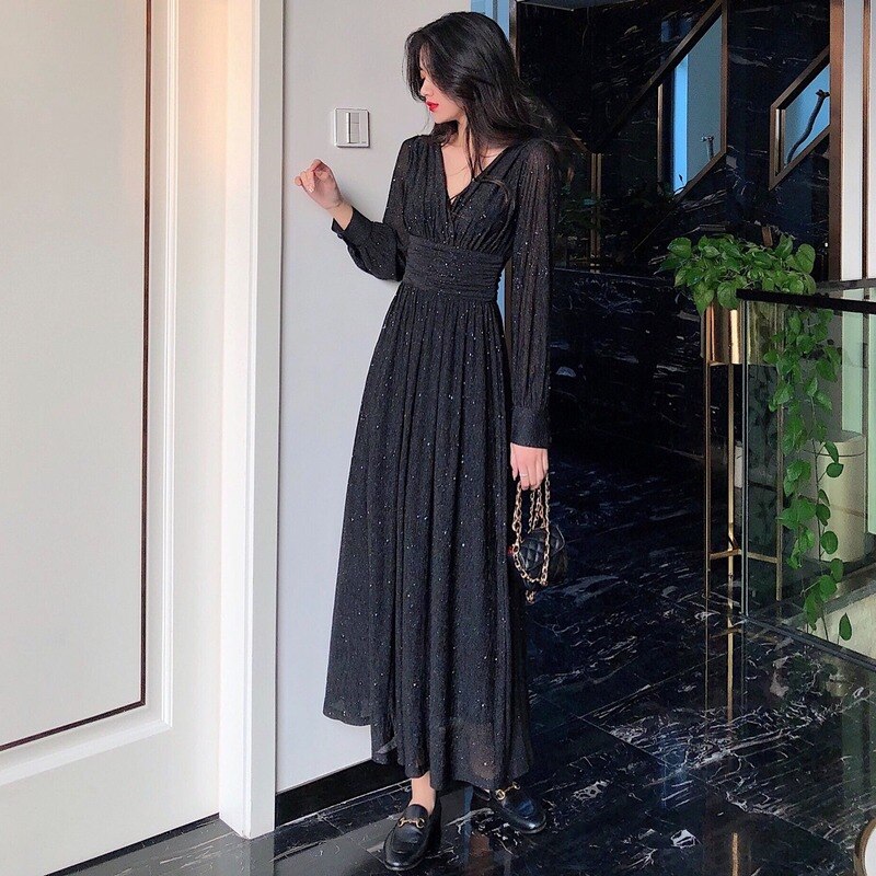 maoxiangshop Solid Elegant Dress Women Autumn Sequin Party Midi Dress Female Casual Chiffon Slim Korean Dress Autumn Women's Clothing