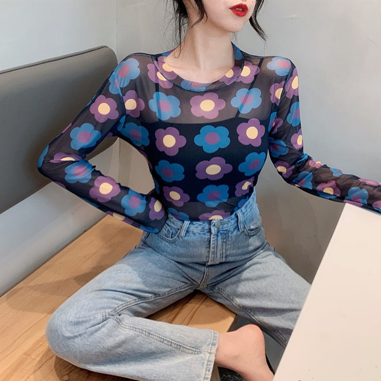 maoxiangshop Angel Print Sheer Blue Black Mesh Long Sleeve Blouse Shirts Women Spring Summer Pullovers Elegant Sexy See Through Tops