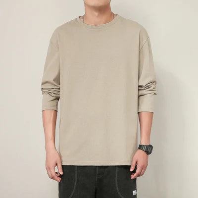 maoxiangshop 100% Cotton T Shirt Men Solid Color Long Sleeves O Neck Mens Tshirt Casual Streetwear Man Pullover Tops Tees Plus Size 5Xl