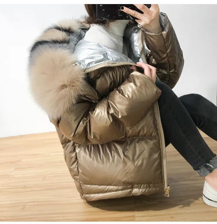 maoxiangshop Gold Silver Double Side Down Coat Winter Jacket Women Big Aritificial Fur White Duck Down Parkas Female Down Outerwear