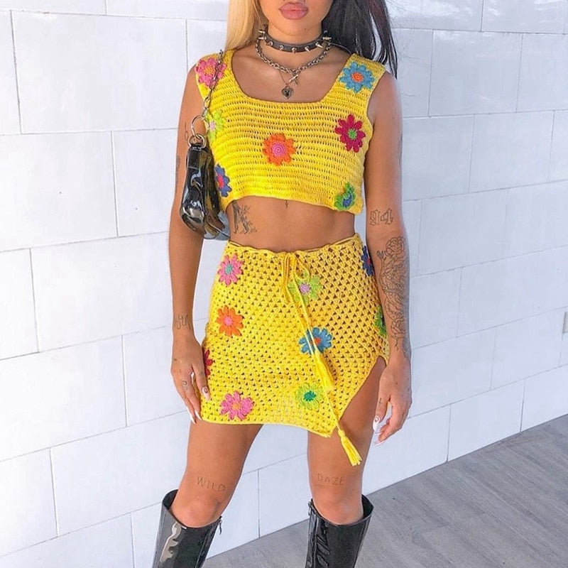 maoxiangshopSummer Knitted Suit Floral Crochet Crop Cami Top and High Waist Split Skirt Beach Vacation Y2K Two Piece Set Women Outfits