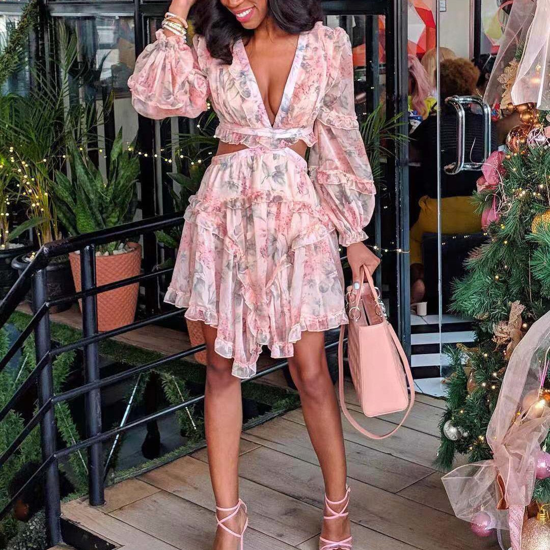 Spring Summer Dress Women Causal Dress Sexy New Arrivals V Neck Floral Dress Mini Beach Evening Party Dress