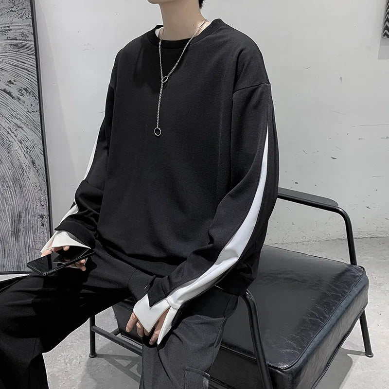 maoxiangshop Autumn Winter Long Sleeve Men T Shirts Clothes Black White Patchwork Fake Two Cool Fashion Tops Oversized Korean Style Side Slit