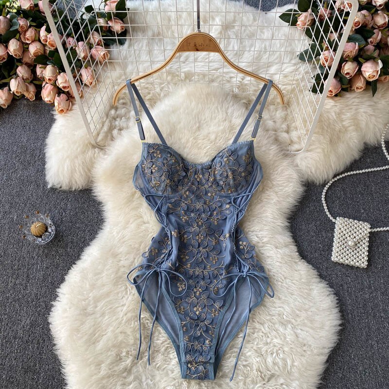 maoxiangshop Sexy See Through Mesh Patchwork Flowers Embroidery Bodysuit Women Adjustable Spaghetti Strap Padded Lace Up Bandage Body Suits