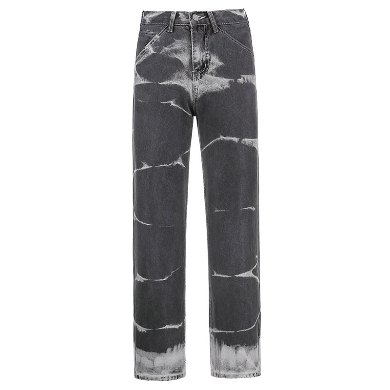 Y2K Tie Dye Stripe Print Jeans Womens High Waist Vintage 90s Aesthetic Wide Leg Jeans Casual All-match Streetwear Trousers