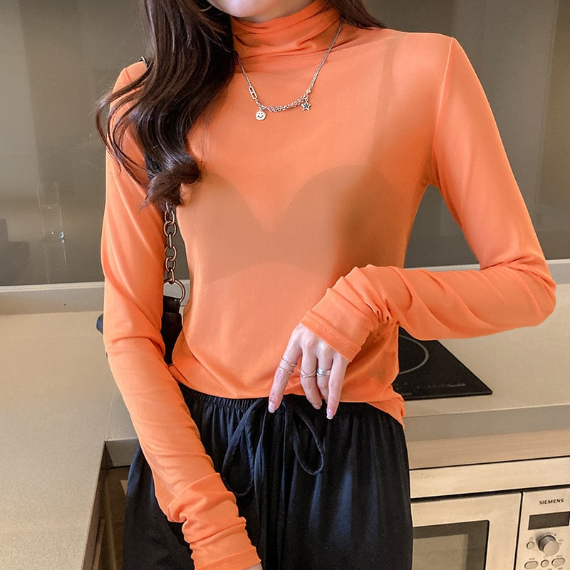 maoxiangshop Size M-3XL Girls Colorful Mesh T-Shirts Tees Female Transparent Long Sleeve Turtleneck Thin Tshirt Tops Women Spring Fall