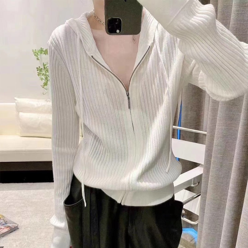 maoxiangshop Wool Sweater Cardigan Hoodie Women Tops Cashmere Korean Fashion Knitted Long Sleeve Zipper Vintage Cardigan