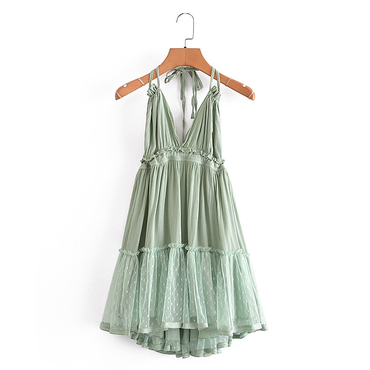 maoxiangshop Summer New Solid Color Lace Stitching V Neck Sexy Backless Mesh Short Dress Camisole Holiday Beach Dress Female