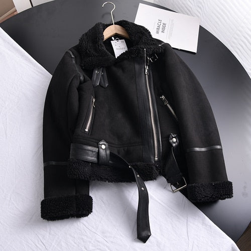 maoxiangshop Winter Women Thick Warm Suede Lamb Jacket Short Motorcycle Brown Coats Faux Shearling Sheepskin Leather Jackets Outwear