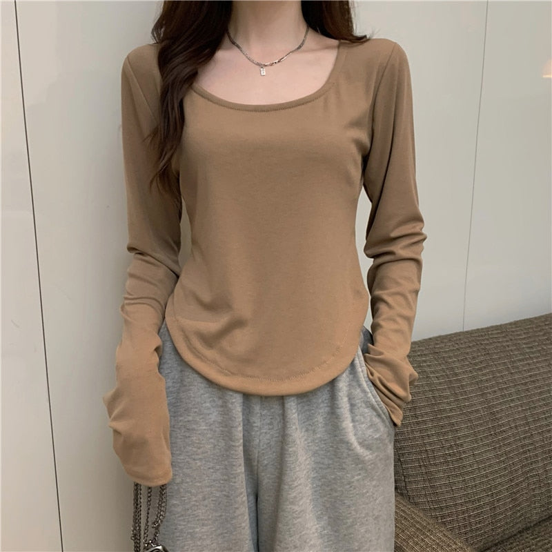maoxiangshopWomen Long Sleeve Square Neck T-Shirt Spring And Autumn New Irregular Hem Slim Casual Top Girl Bottom Shirts