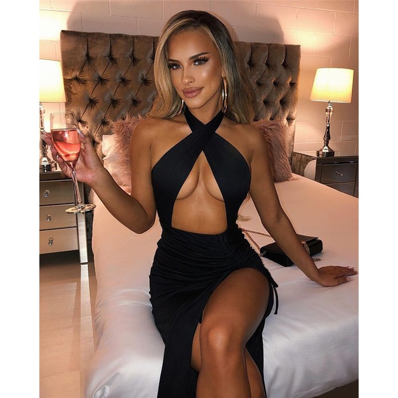 maoxiangshop Halter Drawstring Sexy Bodycon Bandage Dress Women Summer Dress Split Hollow Out Backless Long Maxi Dresses