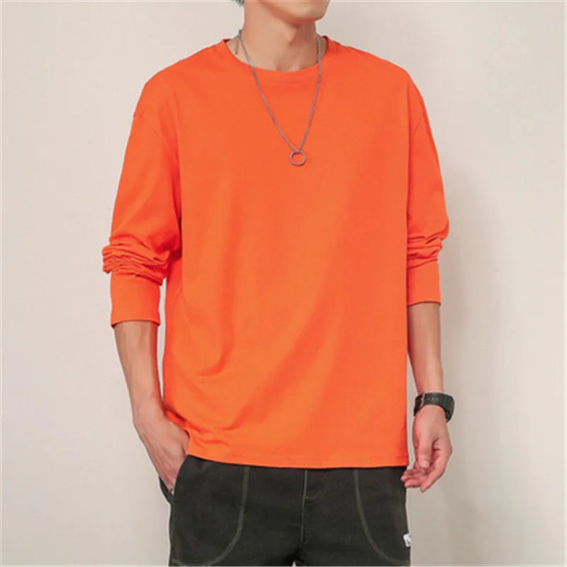 maoxiangshop 100% Cotton T Shirt Men Solid Color Long Sleeves O Neck Mens Tshirt Casual Streetwear Man Pullover Tops Tees Plus Size 5Xl