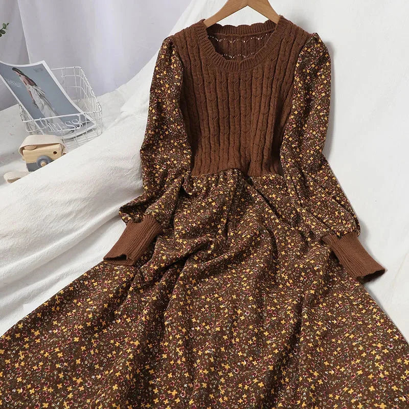 maoxiangshop Corduroy Floral Women Dresses Vintage Knitted Patchwork Vestidos De Mujer Sweet Korean Long Dress A-line
