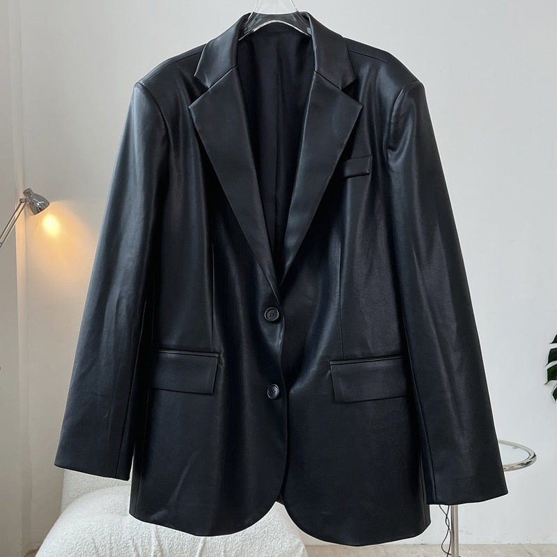 maoxiangshop Autumn and winter women's casual solid color single-breasted pocket decoration loose PU jacket