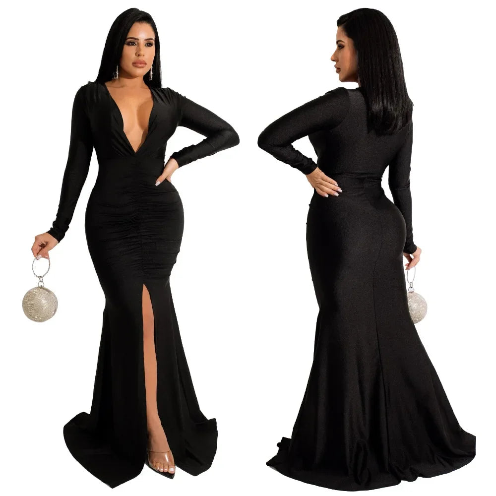 maoxiangshop Dresses for Women Evening Party Dress Long Bodycon Dress Sexy Party Dresses Winter Clothes for Women Long Sleeve V-neck