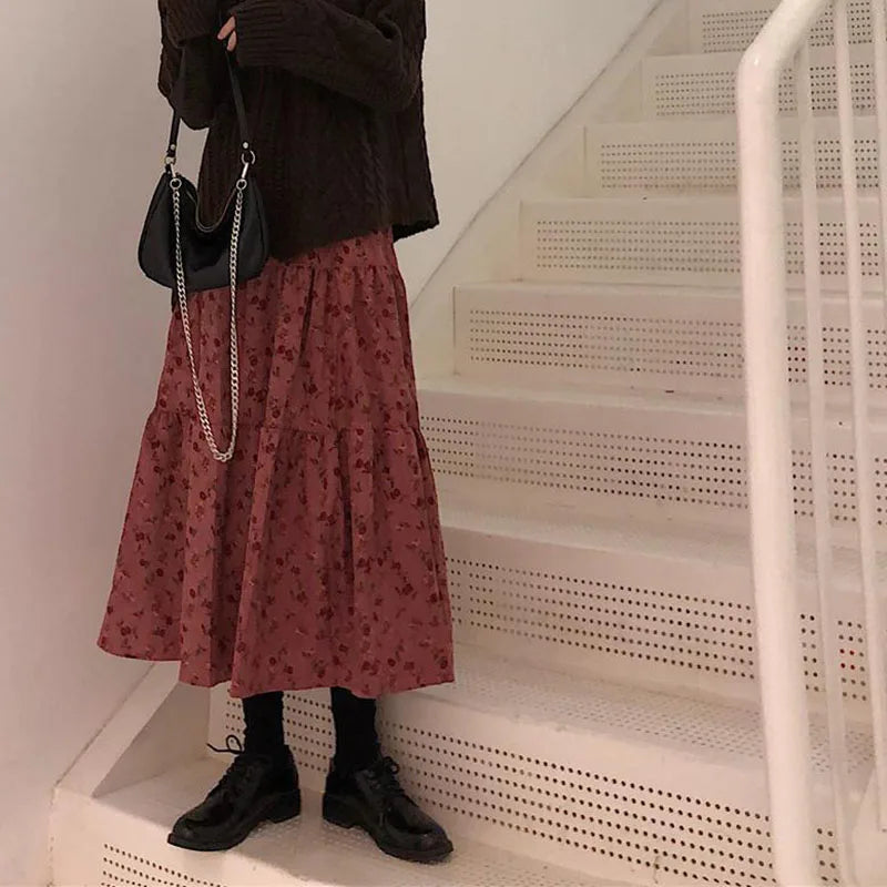 Lucyever High Waist Autumn Winter Long Skirts Women Elegant Flower Printed Midi Skirt Female Vintage Streetwear Pleated Skirt