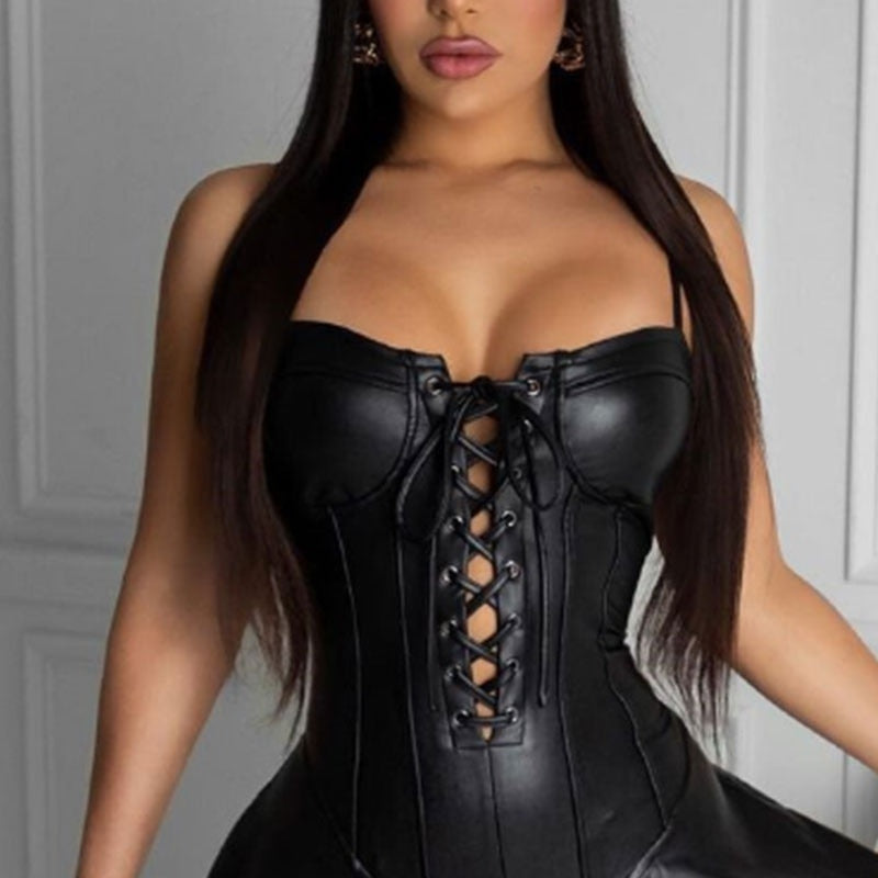 maoxiangshop Ladies Clothes Sexy Club Spaghetti Strap Lace Up PU Leather Eyelet Mini Pleated Dress Women Black Wrap A-Line Gowns Clubwear