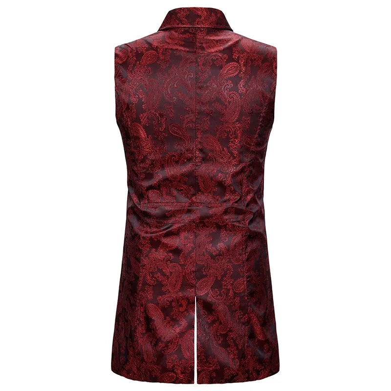 maoxiangshop Wine Red Paisley Jacquard Long Vest Men Double Breasted Lapel Brocade Vest Waistcoat Mens Gothic Steampunk Sleeveless Tailcoat