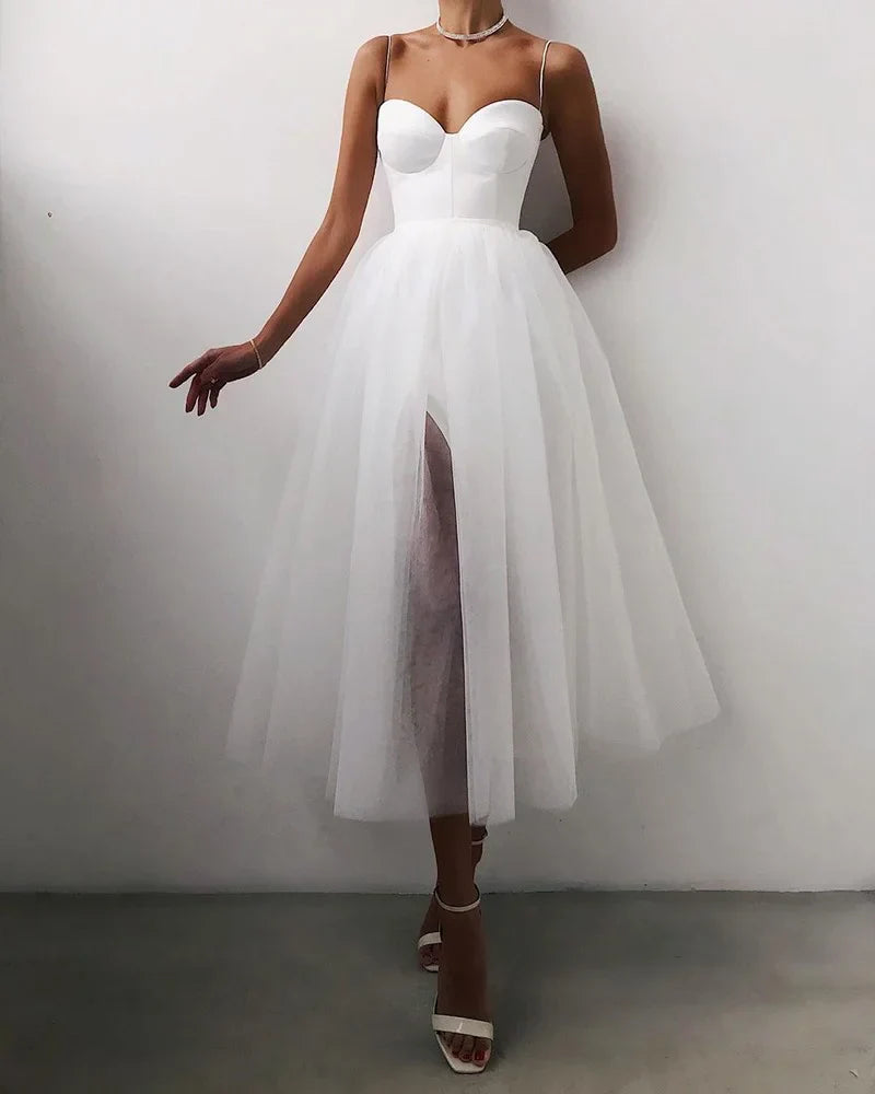 maoxiangshop-Fashion Women Summer Formal Party Cocktail Dress Solid Color Spaghetti Straps Side Slit Mesh Braces Dress for Girls Black/White