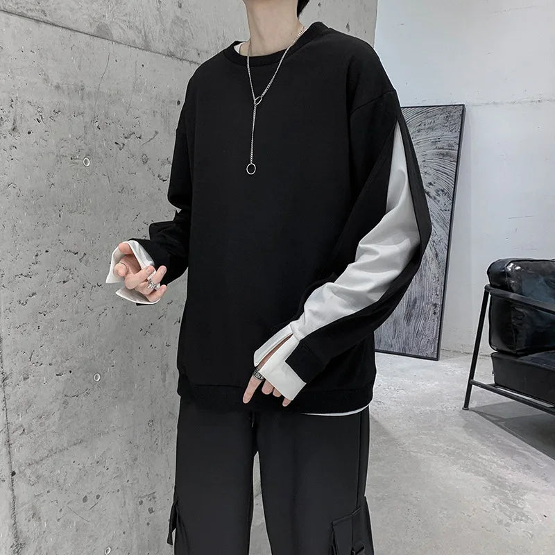 maoxiangshop Autumn Winter Long Sleeve Men T Shirts Clothes Black White Patchwork Fake Two Cool Fashion Tops Oversized Korean Style Side Slit