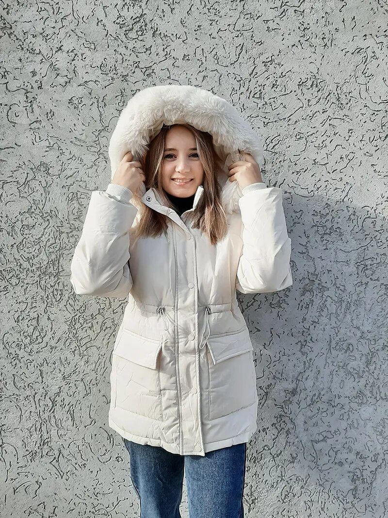 maoxiangshop Cotton Padded Fur Parka New Big Fur Collar Down Winter Jacket Women Thick Warm Parkas Female Outerwear