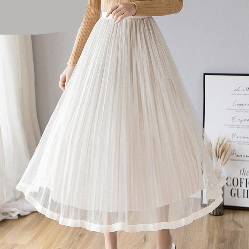 maoxiangshop Mesh Skirt Autumn Winter Velvet Solid Color Elastic Waist Slim Pleated Skirts Womens Chic High Waist Women Skir