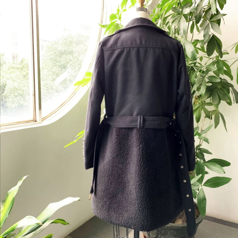 maoxiangshop Women Woolen Coat Mid-Length Black Jacket Autumn Winter Overcoat Chic Fleece Office Lady Elegant Outwear Coats Wool Blend 1
