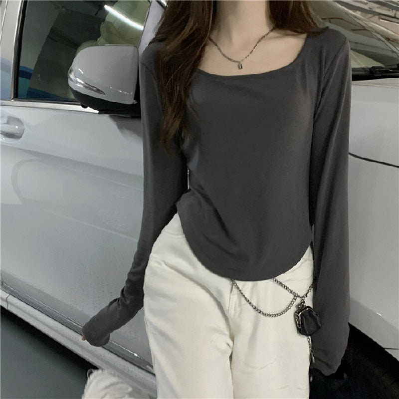 maoxiangshopWomen Long Sleeve Square Neck T-Shirt Spring And Autumn New Irregular Hem Slim Casual Top Girl Bottom Shirts
