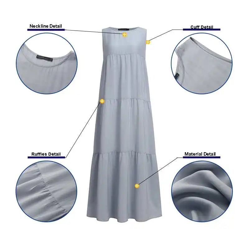 maoxiangshop Stylish Women's Ruffle Sundress Solid Summer Dress Casual Sleeveless Maxi Vestidos Female O neck Robe Oversized