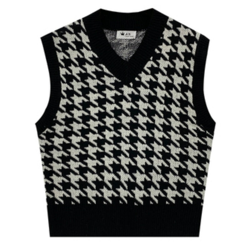 Y2K Houndstooth Vest Pullover Women's Knitted Vest New Autumn and Winter Loose Korean Outdoor Sweater Waistcoat