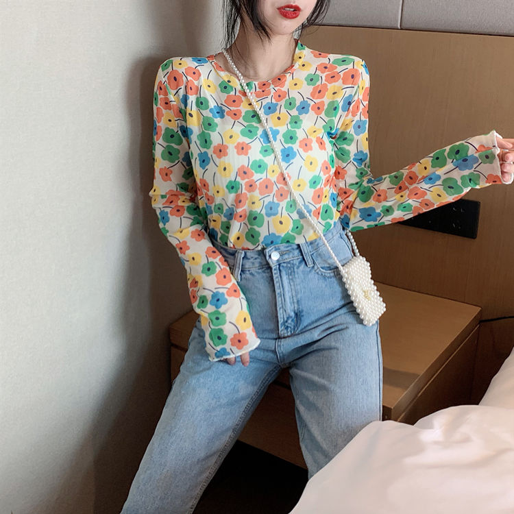 maoxiangshop Angel Print Sheer Blue Black Mesh Long Sleeve Blouse Shirts Women Spring Summer Pullovers Elegant Sexy See Through Tops