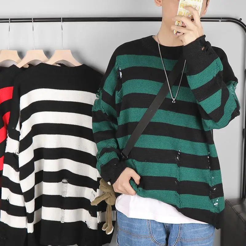 maoxiangshop Black Stripe Sweaters Destroyed Ripped Sweater Men Pullover Hole Knit Jumpers Men Oversized Sweatshirt Harajuku Long Sleeve Tops