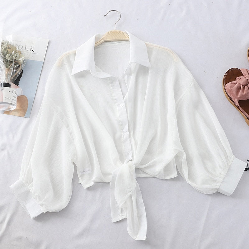 maoxiangshop Chiffon Shirts Women Summer Half Sleeve Buttoned Up Shirt Loose Casual Blouse Tied Waist Elegant Blouses For Women