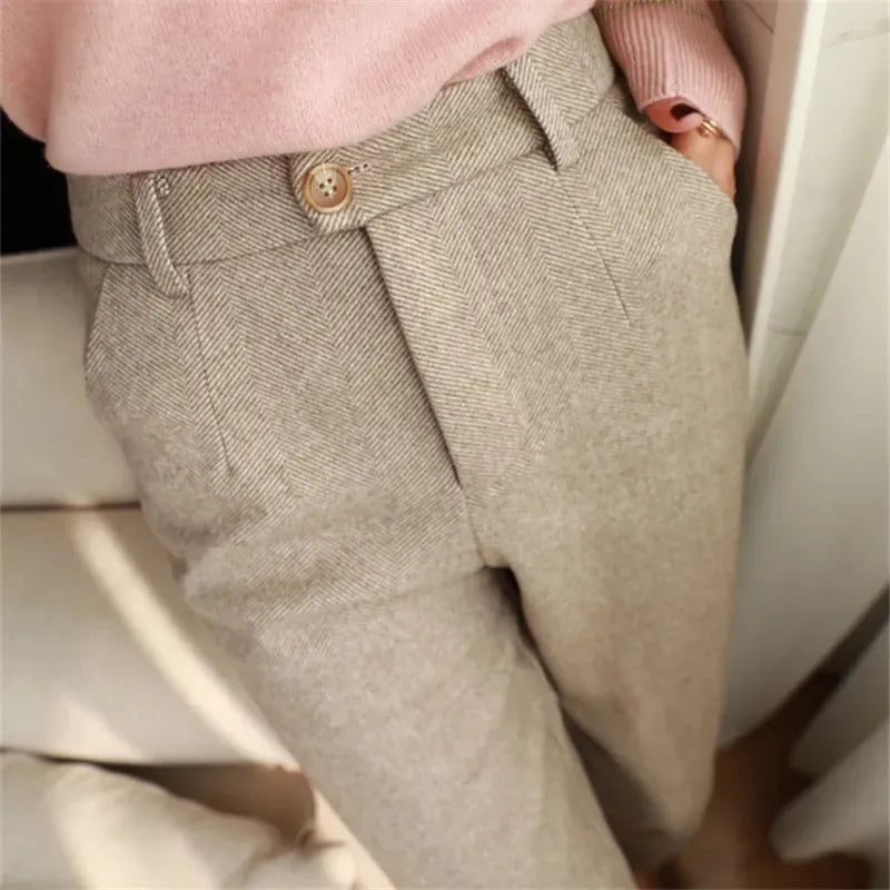 maoxiangshopWoolen Pants Women's Harem Pencil Pants Autumn Winter High Waisted Casual Suit Pants Office Lady Women Trousers