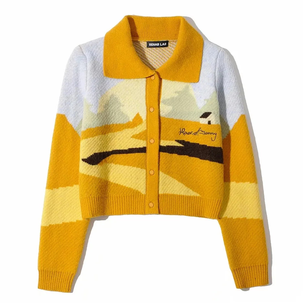 maoxiangshop - Letter Embroidery Harajuku Knitted Single Breasted Cropped Cardigan Women Autumn Long Sleeve Turn Down Collar Sweater Coat