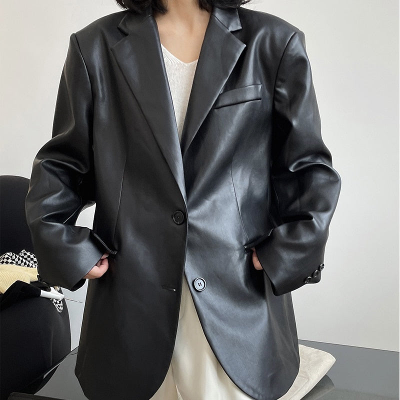 maoxiangshop Autumn and winter women's casual solid color single-breasted pocket decoration loose PU jacket