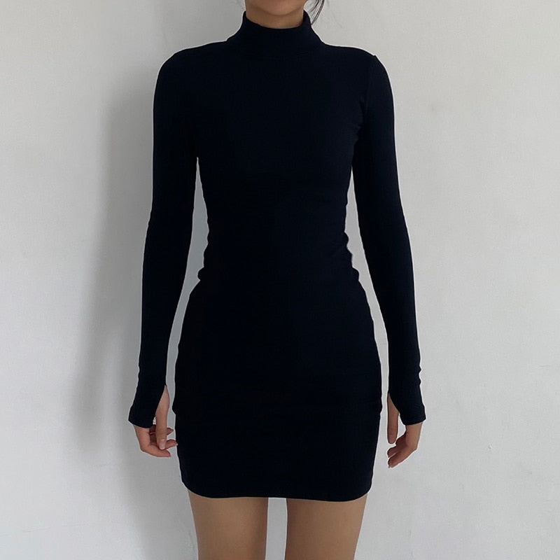 maoxiangshop Autumn Fashion Sexy Solid Turtleneck Skinny Mini Dress Women Rib Knit Keep Warm Long Sleeve Slim Dress Streetwear