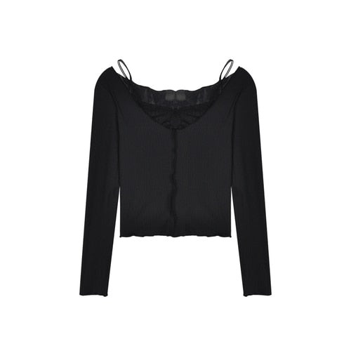 White Lace Fake Two Piece Suspender Long Sleeve T-shirt Women's Autumn Machine Sexy Off Shoulder Bottoming Shirt Short Top